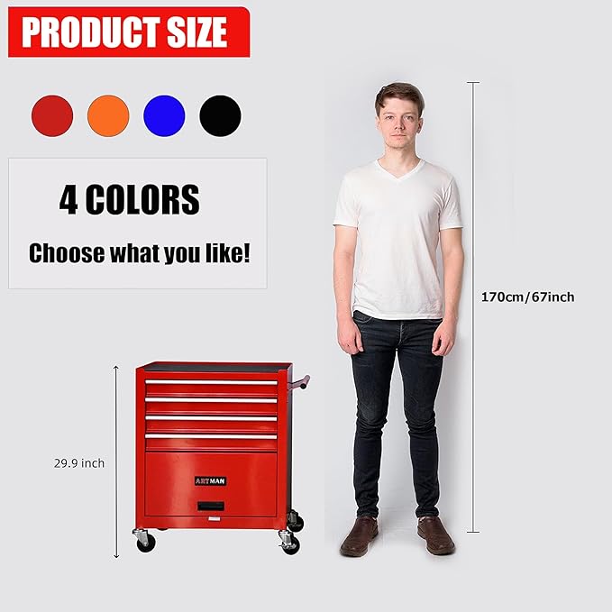 4 Drawers Rolling Tool Cart on Wheels, Trolley Organizer Tool Case Tool Chest, Multifunctional Tool Storage Tool Box for Workshop, Garage, Warehouse, Repair Shop (4 Drawers-29.3" H-Red)