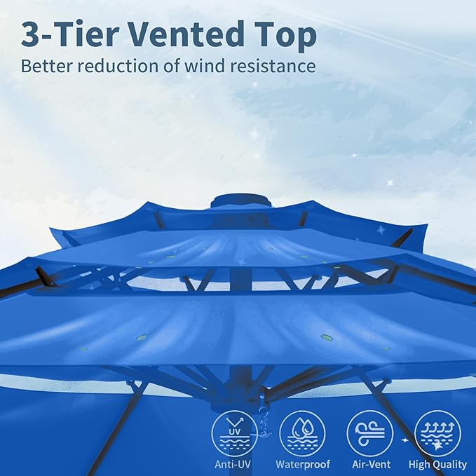 9FT 3 Tiers Patio Umbrella With Auto Tilt and Crank, Outdoor Table Market Umbrella with 8 Sturdy Ribs for Garden,Lawn,Deck,Backyard and Pool,Royal Blue
