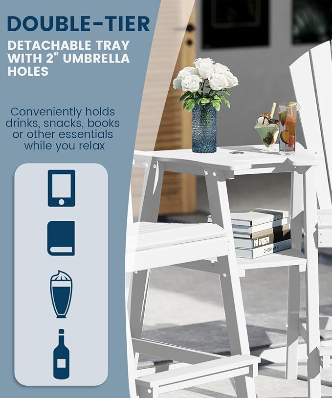 FOOWIN Tall Adirondack Chair Set of 2, All Weather HDPE Bar Height Adirondack Chair with Double Connecting Trays, Adirondack Barstools for Balcony, Deck, Backyard, Patio, Garden White