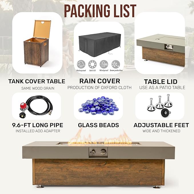 Outdoor Propane Fire Pit – 48" Fire Table with 50,000 BTU, Modern Propane Fire Pit with Adjustable Flame & Matching 20 lb Tank Stand for Patio, Garden, Deck