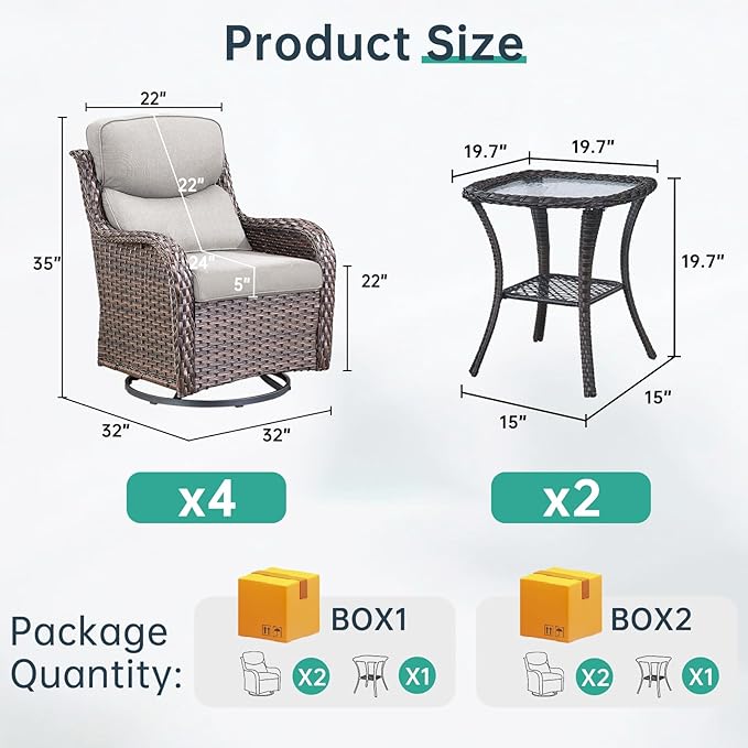 Outdoor Swivel Rocker Patio Chairs Set of 4 with Side Table - 5" Thick Cushion 6 Piece Furniture Set All Weather Comfortable Wicker Conversation Set for Porch Poolside and Deck - Brown/Beige