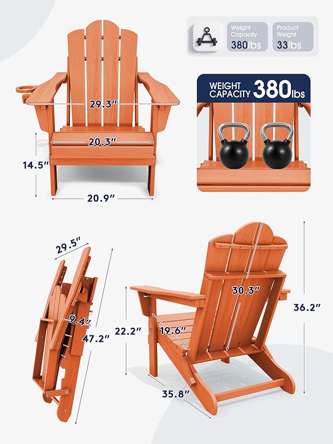 KINGYES Adjustable Folding Adirondack Chair, 3-Position Reclining Adirondack Chairs with Cup Holder, HDPE All-Weather Oversized Adirondack for Outdoor, Patio, Backyard Deck, Fire Pit, Orange