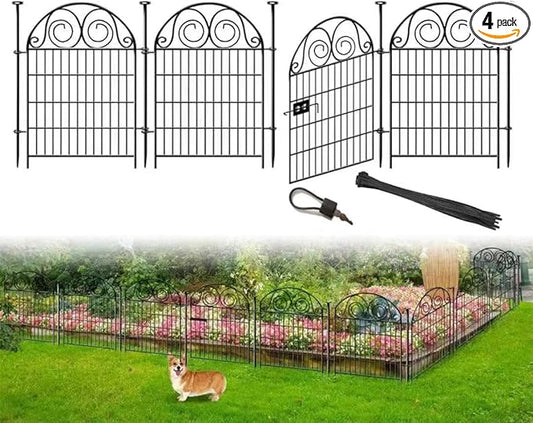 Tall Garden Fence with Gate, 40 Inch(H) 4 Panels Dog Fence Outdoor for Yard, Total Length 8.8 Ft Metal Decorative Fences│Patented