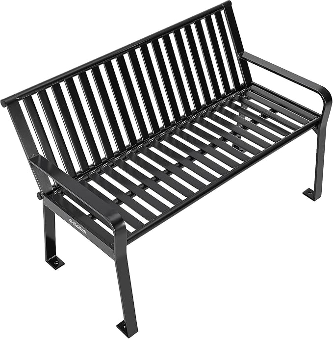 Global Industrial 4 ft. Outdoor Park Bench with Back, Vertical Steel Slat Construction, 600 lbs Capacity, Black, Unassembled, Heavy Duty Commercial Bench