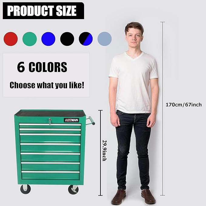 7 Drawers Tool Cart on Wheels,Multifunctional Rolling Tool Chest Tool Storage,Drawers Rolling Tool Trolley Organizer Tool Case for Repair Shop,Garage,Warehouse,Workshop (7 Drawers-29.9"H-Green)