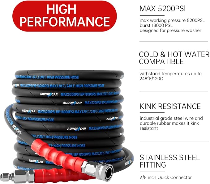 3/8'' Pressure Washer Hose 50FT, Kink Resistant High Tensile Wire Braided Power Washer Hose for Hot and Cold Water with 2 Pcs M22-14mm 3/8" Quick Connect Kit, 5200PSI Commercial Industrial Grade