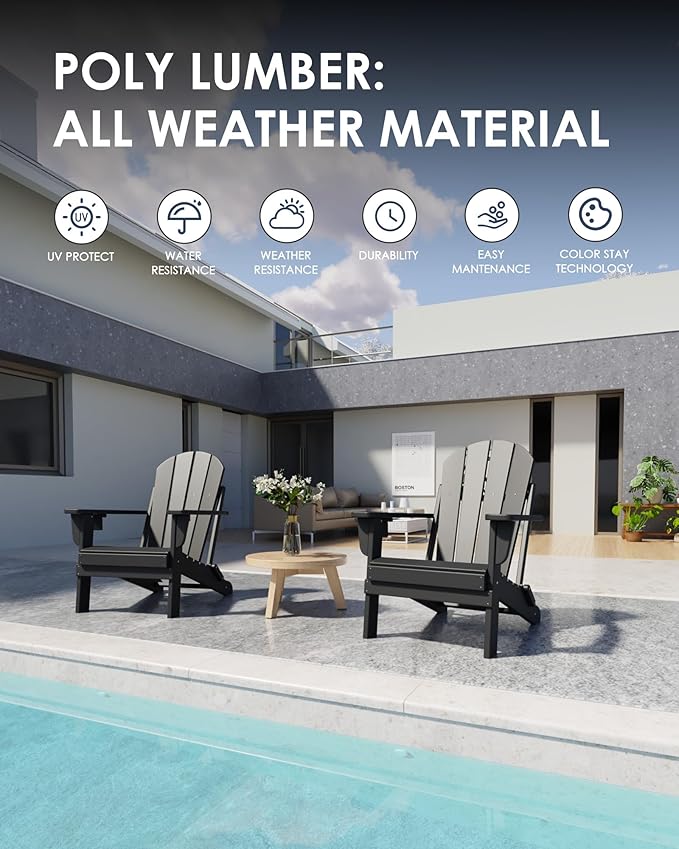 Folding Adirondack Chairs Set of 2, All-Weather Resistant HDPE Patio Firepit Chairs, Sturdy Outside Chairs with Cup Holder, Lawn Chairs, 80% Pre-Installed Load Capacity 385lb, Black
