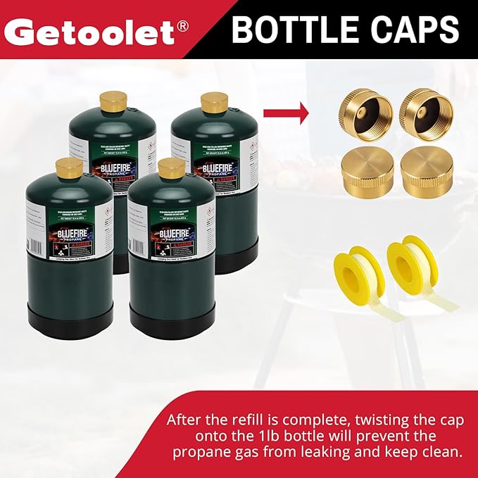 Propane Refill Adapter for 1 lb. Tanks, Propane Refill Elbow Adapter with Valve and Gauge, Brass Propane Adapter 20lb to 1lb Converter with 4 Caps for 1 Pound Propane Bottles