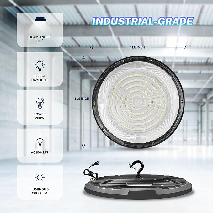 THELUX 200W 6 Pack UFO High Bay Led Lights Super Bright 28000LM 5000K High Bay LED Shop Lights with US Hook 5'ft Cable Alternative to 800W MH/HPS for Workshop, Gym, Warehouse,Exhibition Hall etc