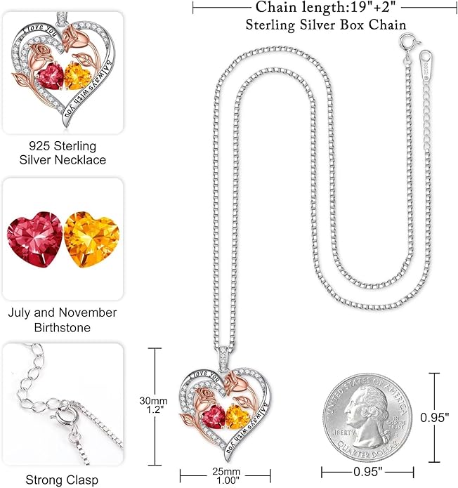 Iefil Christmas Gifts for Women Wife - 925 Sterling Silver Rose Heart Birthstone Necklace Birthday Anniversary Jewelry Gifts for Her Wife Mom Daughter