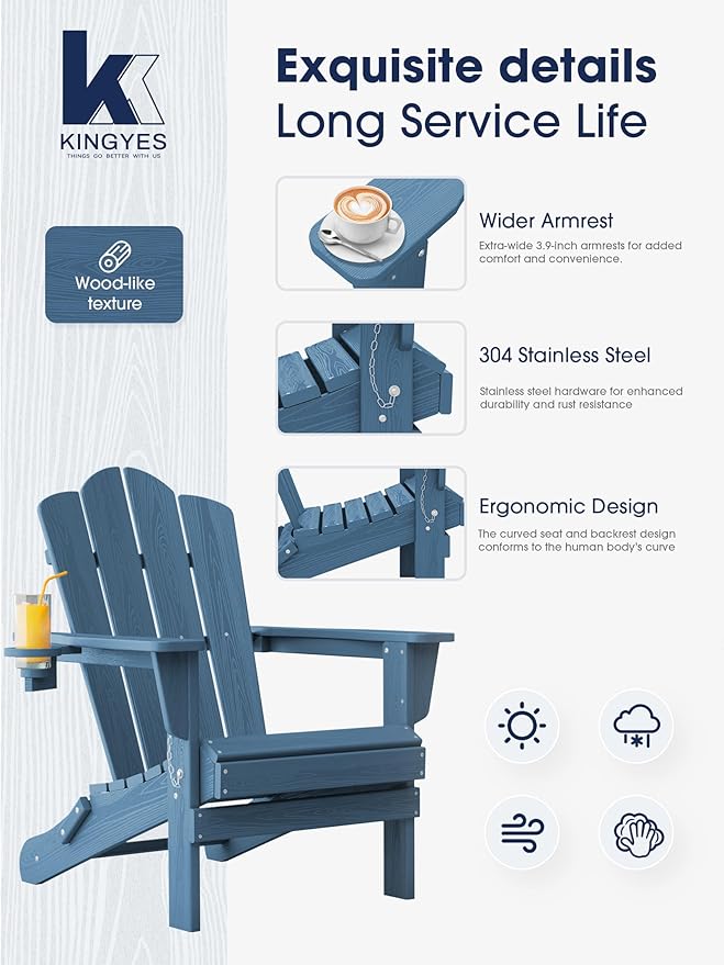 KINGYES Folding Adirondack Chair Set of 2, HDPE All-Weather Patio Chairs with Cup Holder, Wooden Textured Fire Pit Chairs for Poolside, Backyard, Deck, Navy