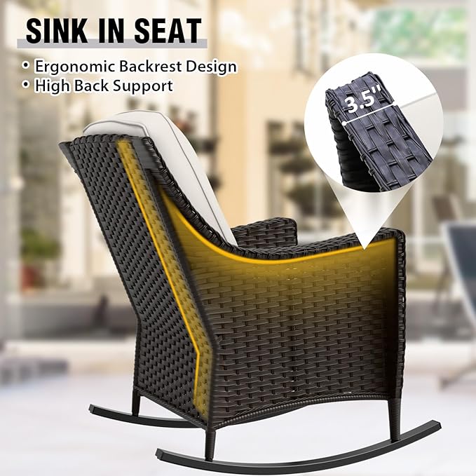 COOS BAY Stone Harbor Patio Bistro Set, 3 Piece Rattan Patio Table and Chairs Set, Wicker Rocking Chairs with Side Table, Small Balcony Furniture Set, Brown/Beige