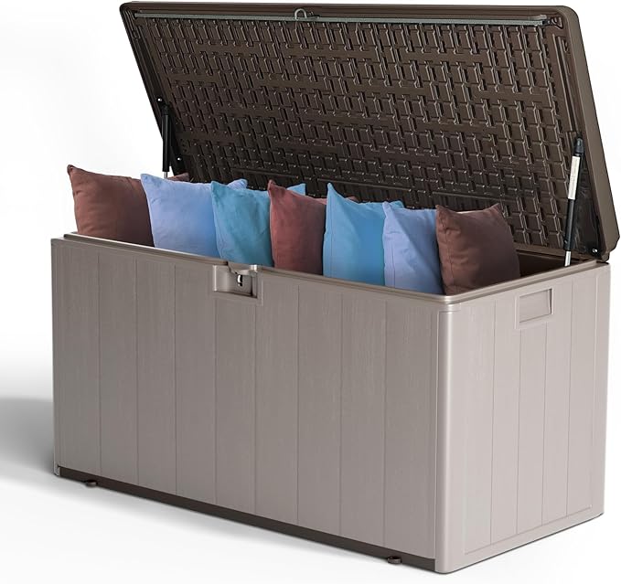 120-Gallon Heavy-Duty Deck Box, Constructed with Double-Wall Waterproof Resin and featuring a Lockable Lid with UV Protection for Ultimate Outdoor Storage (Brown)