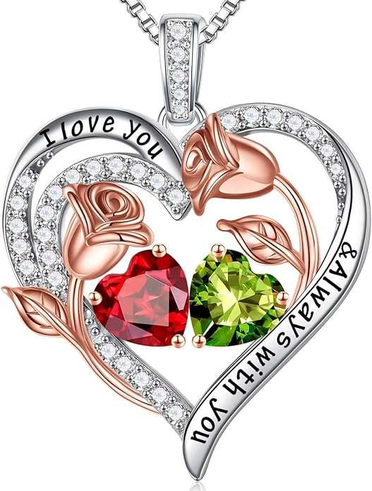 Iefil Christmas Gifts for Women Wife - 925 Sterling Silver Rose Heart Birthstone Necklace Birthday Anniversary Jewelry Gifts for Her Wife Mom Daughter