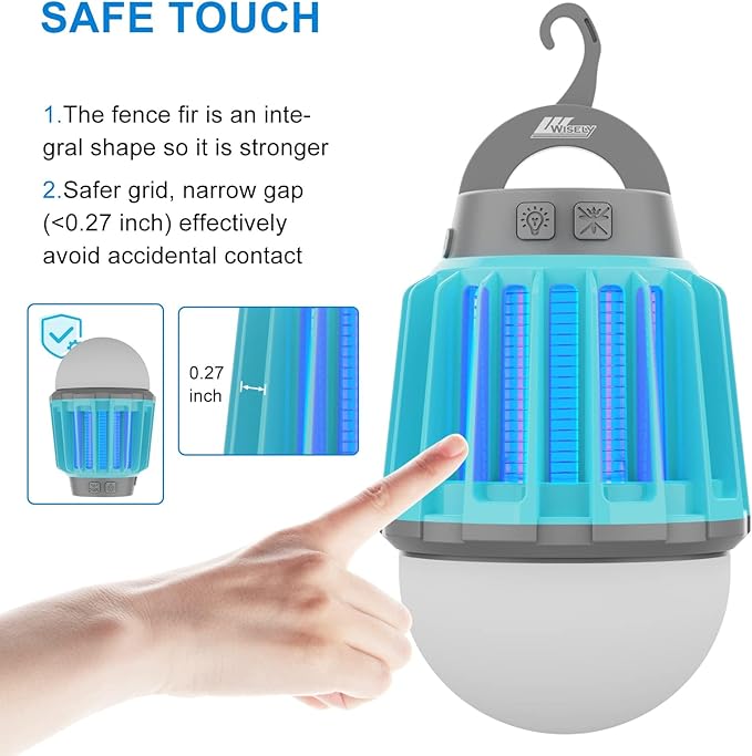 Wisely Bug Zapper Outdoor Cordless, Electric Mosquito Zapper with LED Blue Light, 2 in 1 Portable & Rechargeable Bug Zapper Indoor, Wireless Hanging Fly Zapper for Camping Patio, Home, Oceanblue