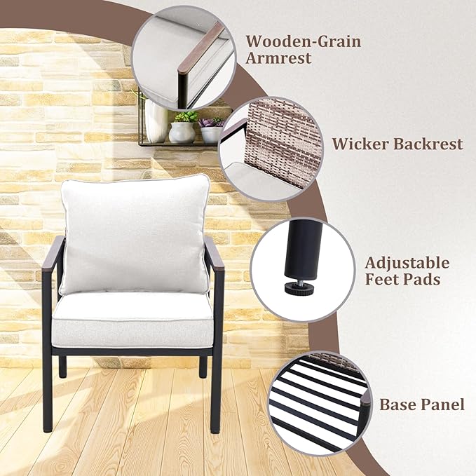 COOS BAY Sand Dune 5 Piece Wicker Patio Furniture Set, Rattan Outdoor Furniture with Nesting Tables, Chairs, Couch, Coffee Tables, and Ottoman, Brown/Beige