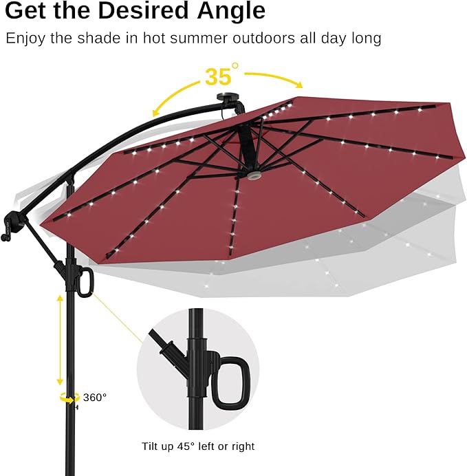 EAST OAK Patio Umbrella, 10 ft Outdoor Offset Umbrella with 8 Ribs, 40 LED Solar Lights and Crank, Aluminum Pole and UPF 50+ Fade Resistant for Garden, Deck and Poolside, New Red