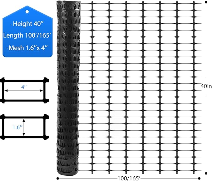 Garden Fence Animal Barrier, Snow Fence Temporary Fence Kit 40 in X 164 Ft, Plastic Safety Fence with 30 45-Inch Steel Stakes and 200 Zipper, Garden Fencing Temporary Fencing for Backyard