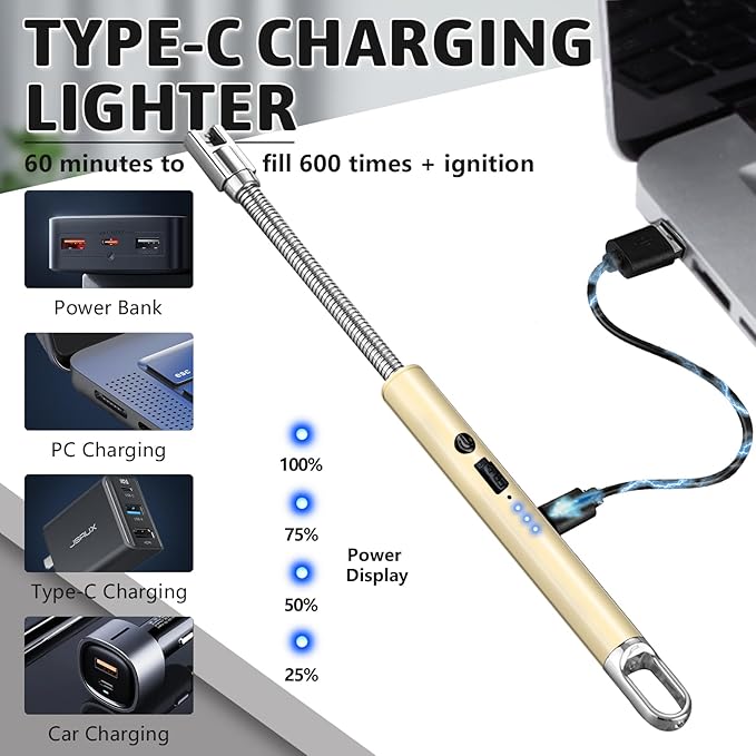 2 PCS Electric Lighter, Candle Lighter Arc Windproof Flame-Less with 360° Flexible Neck & LED Power Display, Type-C Rechargeable for BBQ, Grill, Camping, Fireplace, Stove (Gold)