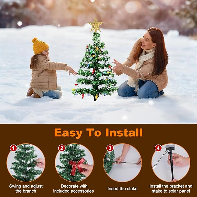 2-Pack Solar Christmas Tree, IP44 Waterproof Colorful Garden Stake Lights Christmas Decorations with 8 Lighting Modes 100 LED Beads for Porch, Pathway, Yard, Cemetery