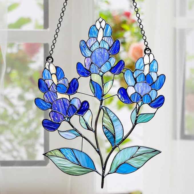 Texas Bluebonnet Christmas Ornament Boho Suncatcher Window Hanging Acrylic Stained Glass Effect Art Garden Decor Unique Botanical Gift for Mom Women Grandma Thanksgiving