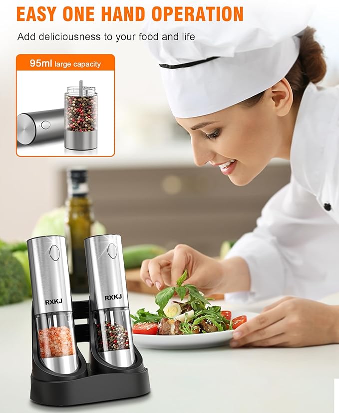 Electric Salt and Pepper Grinder Set, Stainless Steel Automatic Pepper Grinder with Upgraded Charge Base and LED Light, Adjustable Coarseness, Rechargeable Sea Salt Spice Mill Set, Ideal for Kitchen