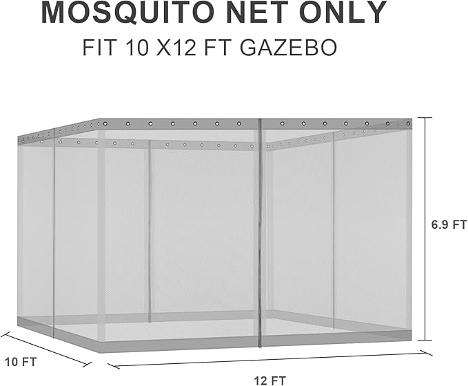 BPS 10' x 12' Gazebo Universal Mosquito Netting Screen Replacement, 4-Panel Screen Walls with Double Zippers for Outdoor Patio, Gray (Mosquito Net Only)