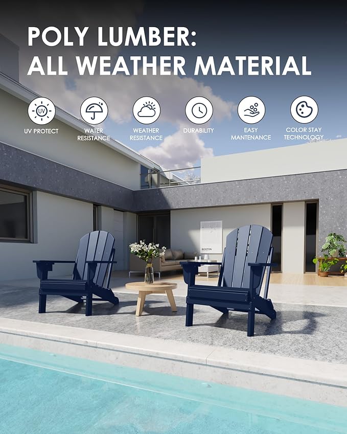 Folding Adirondack Chairs, All-Weather Resistant HDPE Patio Firepit Chairs, Sturdy Outside Chairs with Cup Holder, Lawn Chairs, 80% Pre-Installed Load Capacity 385lb, Navy Blue