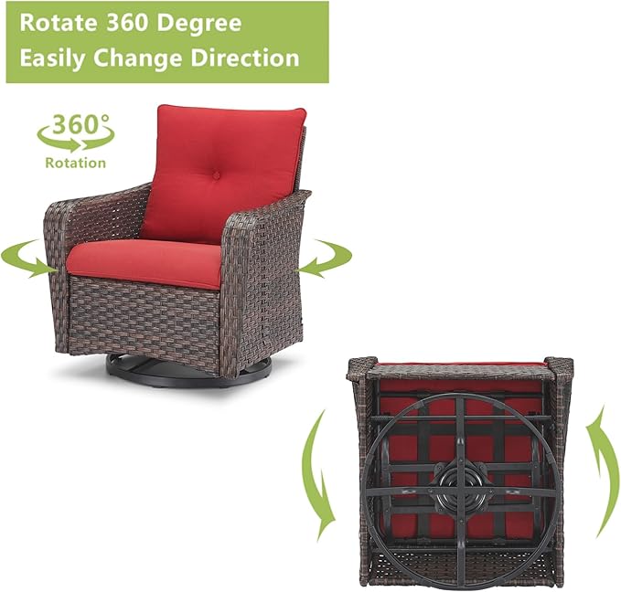 Rilyson Outdoor Patio Swivel Rocker Chairs - 6 PC Wicker Patio Bistro Sets with High Back,Comfy Cushions,Deep Seating and Side Table for Porch Deck Backyard Garden(Brown/Red)