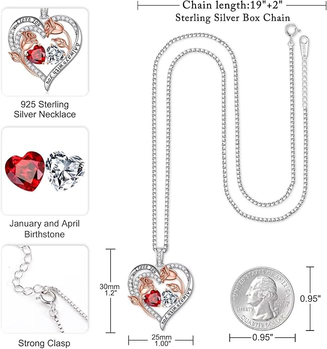 Iefil Christmas Gifts for Women Wife - 925 Sterling Silver Rose Heart Birthstone Necklace Birthday Anniversary Jewelry Gifts for Her Wife Mom Daughter