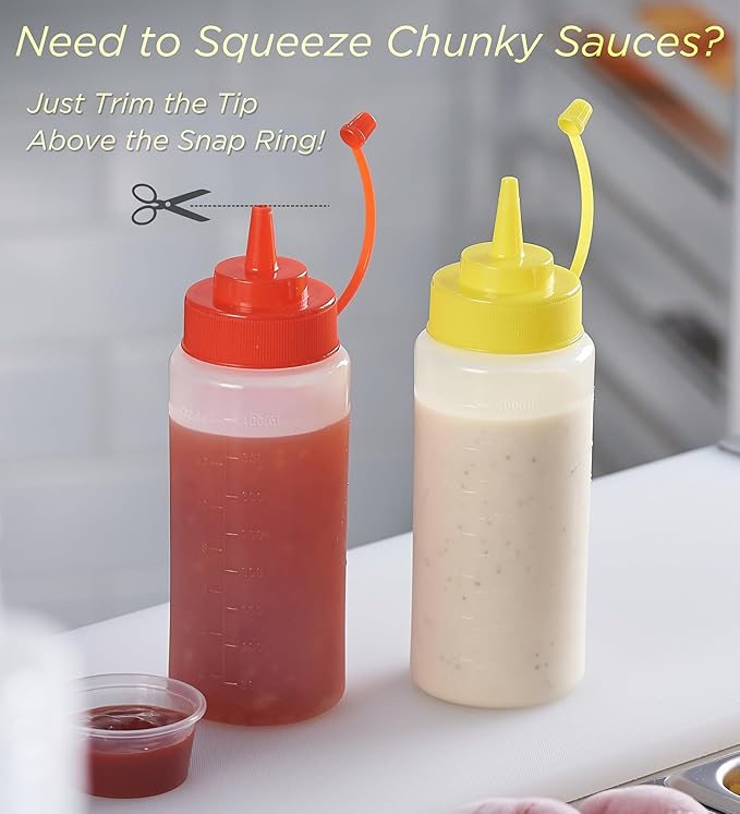 CURTA 6-Pack 12 oz Clear Squeeze Bottle with Cap, BPA-Free Easy-to-Squeeze Plastic Condiment Dispenser with oz & ml Markings for Sauce, Oil, Dressing, Dishwasher Safe, Yellow