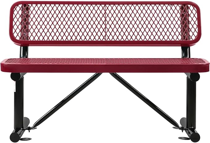 Global Industrial 48" L Outdoor Steel Bench with Backrest, Expanded Metal, Red