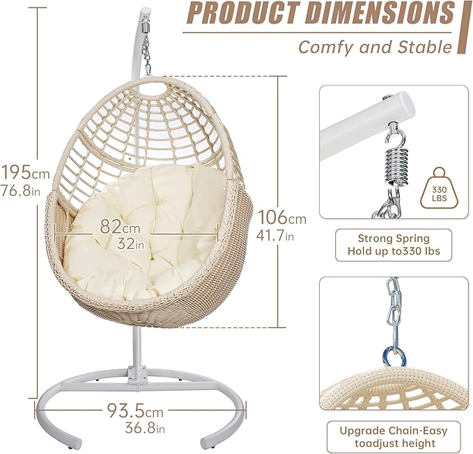 Hanging Egg Chair Swing Chair with Stand Wicker Rattan Chairs for Indoor Outdoor Patio Bedroom Hammock Chair with Steel Frame and Cushion(Color: Beige)