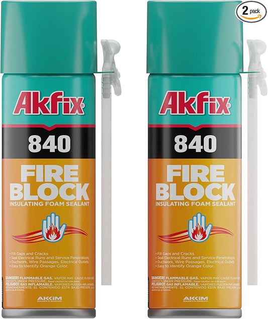 Akfix 840 Fire Block Spray Foam (2x12 Oz.)- Orange Color Fire Retardant Polyurethane Expanding Foam for Gap Filling, Insulation and Sealing on Window and Door, Fire Rated, Paintable | 12 Oz. 2 Pack