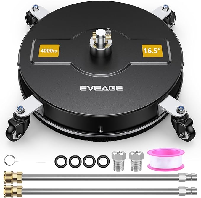 EVEAGE 16.5" Black Pressure Washer Surface Cleaner, Stainless Steel Power Washer Surface Cleaner w/Extension Wand, Wheels 4 and Replacement Nozzle -Powerful Pressure Washer Attachment(16.5 Black)