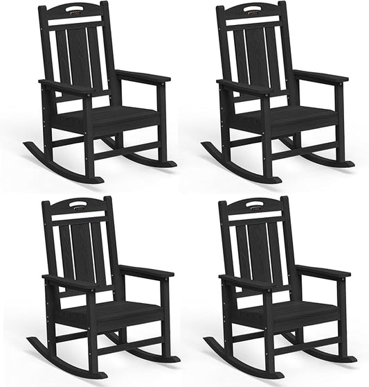 Ciokea Outdoor Rocking Chairs Set of 4, HDPE Porch Rocking Chairs for Outside, All-Weather Comfortable Patio Rockers for Front Deck Balcony, Black
