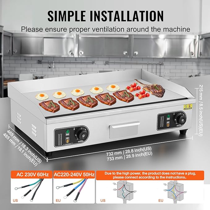 VEVOR Commercial Electric Griddle, 4400W Countertop Flat Top Grill, 122℉-572 ℉ Adjustable Temp, 29in Stainless Steel Griddle Grill with 2 Shovels and 2 Brushes for Home or Restaurant(220V No Plug)
