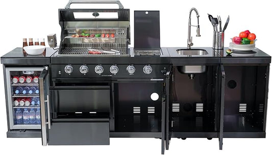 Outdoor Kitchen Island, 43 Inch 6-Burner Gas Grill Combination With Refrigerator and Sink, Outdoor Stainless Steel Barbecue Bar, Propane Grill, 72,000 BTUs (SC2405A-Black Combo)