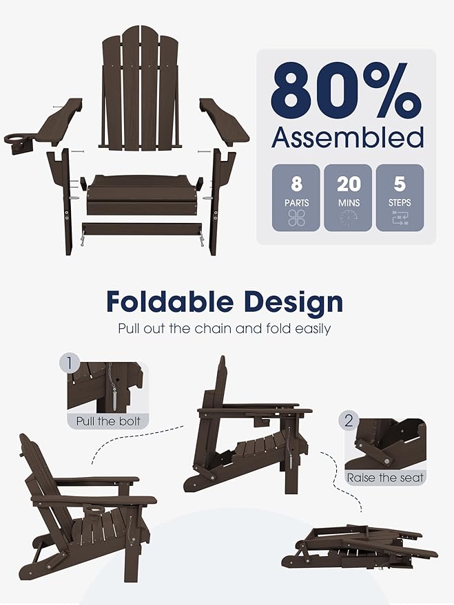 KINGYES Adjustable Folding Adirondack Chair, 3-Position Reclining Adirondack Chairs with Cup Holder, HDPE All-Weather Oversized Adirondack for Outdoor, Patio, Backyard Deck, Fire Pit, Brown