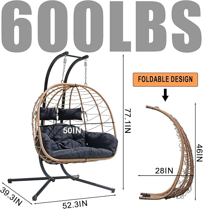 Double Hammock Egg Chair 2 Person Egg Chair Outdoor Swing with Stand Patio Wicker Hanging Chair Widened and Enlarged Hanging Chair Swing Chair for Patio Bedroom Porch
