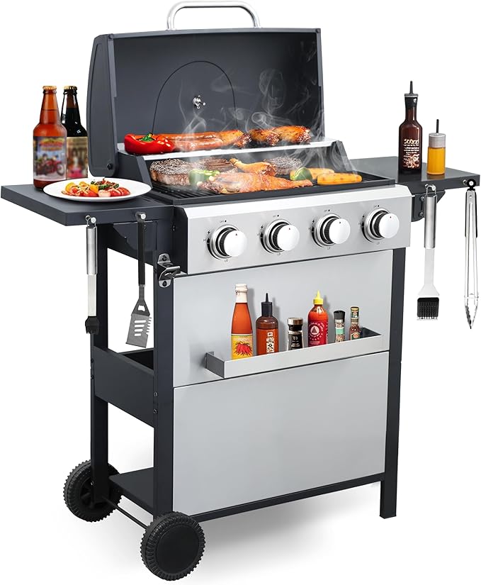 4-Burner Propane Gas Grill, Stainless Steel Control Panel, Easy Ignition, Temperature Gauge, 2-Enameled Cooking Grids, Portable With Wheels For 34,200 BTU Outdoor Barbecue BBQ Grill