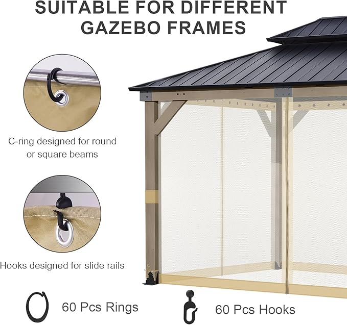BPS 10' x 12' Gazebo Universal Mosquito Netting Screen Replacement, 4-Panel Screen Walls with Double Zippers for Outdoor Patio, Khaki (Mosquito Net Only)
