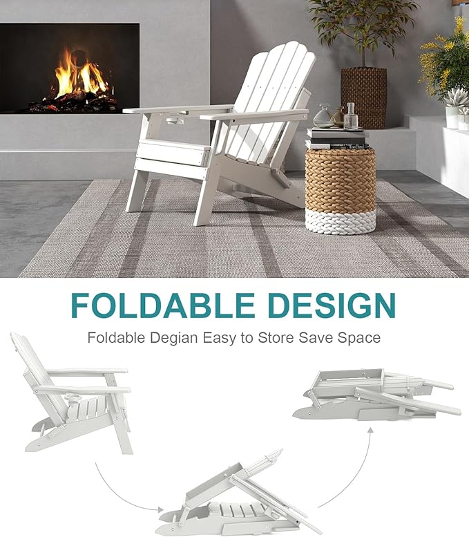 FOOWIN Adirondack Chair Set of 4, Folding Adirondack Chair with Cup Holder, HDPE All-Weather Fire Pit Chair for Patio, Garden, Backyard, Poolside, White
