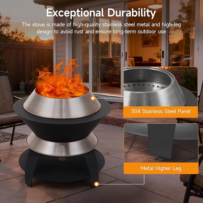 ONBRILL 26 Inch Smokeless Firepit, Outdoor Fire Pit with Waterproof Lid, Removable Ash Pan, Handbag, 2 in 1 Stainless Steel Potable Fire Pits for Outside Wood Burning, Bonfire, Camping, Picnic, Black