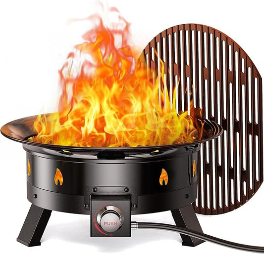 Ciays 21 Inch Propane Fire Pit with Grill Grate, Folding Legs, CSA Certified, 58,000 BTU, Black, Metal, Round, Compatible with Propane