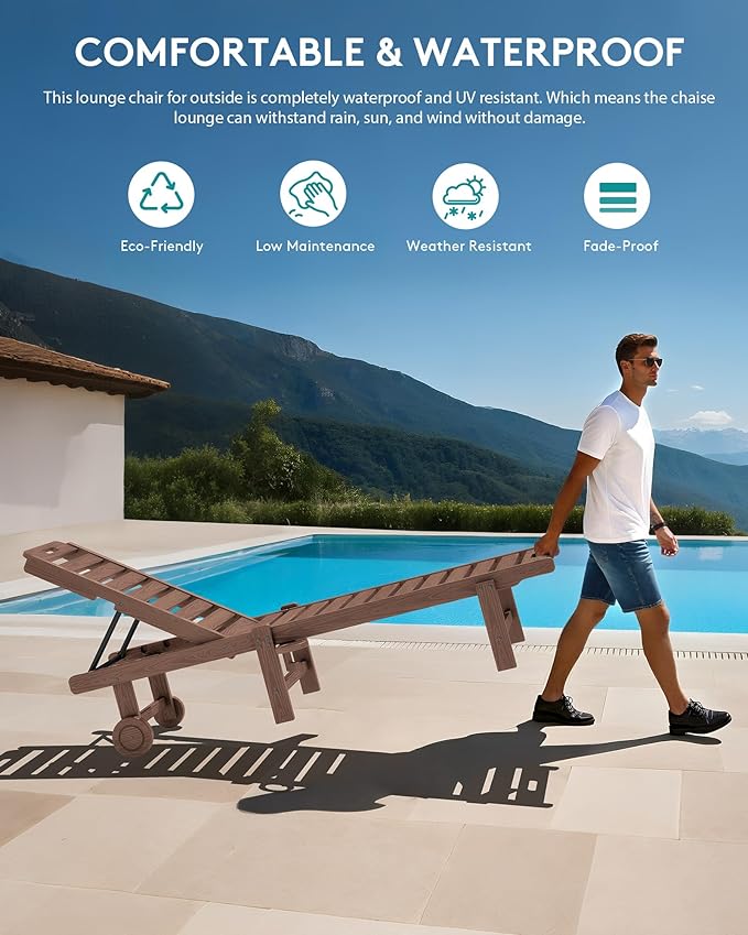 SERWALL Patio Chaise Lounge Set of 4, HDPE Outdoor Lounge Chair with Cup Holder, 5 Positions Adjustable Poly Lounge Chair with Rolling Wheels for Poolside, Deck, Sunbathing, Brown
