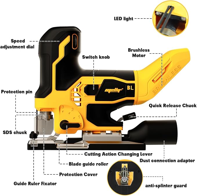 Cordless Jig Saw Compatible with Dewalt 20V MAX Battery (Tool Only), Brushless Orbital Tool w/ 3800 SPM Blade Speed, 6 Variable Speed, Bevel Angle (0°-45°), 4 Orbital Settings, LED Light