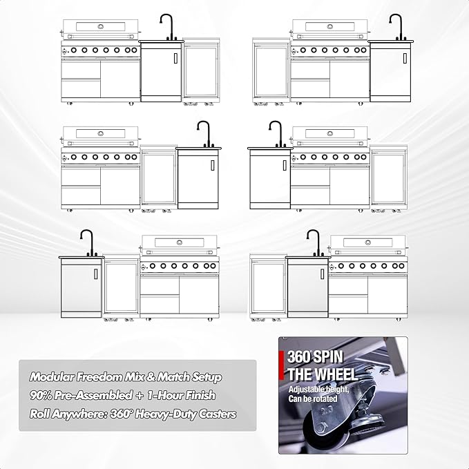 Outdoor Kitchen Island, 82 Inches 6-Burner 85000 BTU Stainless Steel Propane Gas Grill Combination With Refrigerator and Sink, Rotisserie Kit, Granite Countertops(Black Combo)