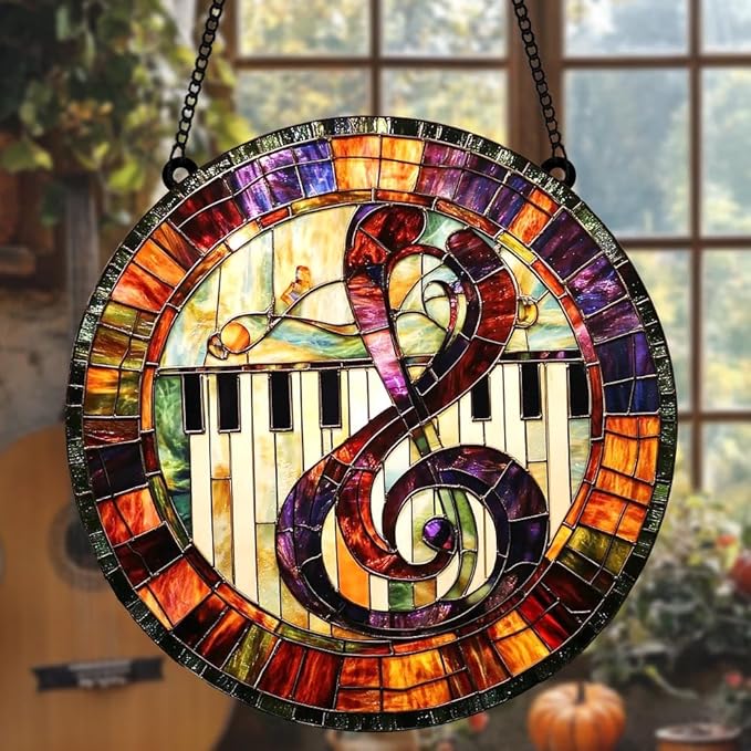 Music Christmas Ornament Treble Clef Suncatcher Piano Window Hanging Acrylic Stained Glass Effect Art Garden Decor Unique Gift for Mom Women Music Teachers Musicians Thanksgiving