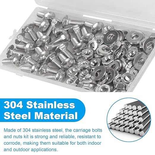 Yinpecly 25 Sets 1/4-20 x 3/4" Carriage Bolts Screws, 304 Stainless Steel Round Head Square Neck Carriage Bolts and Nuts Kit, with Flat & Lock Washers, Full Thread Coverage